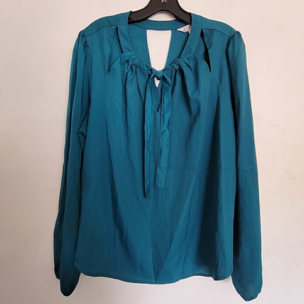 Nanette Lepore Teal Blue Long Sleeve Tie Front Keyhole Back Blouse Top Size XL